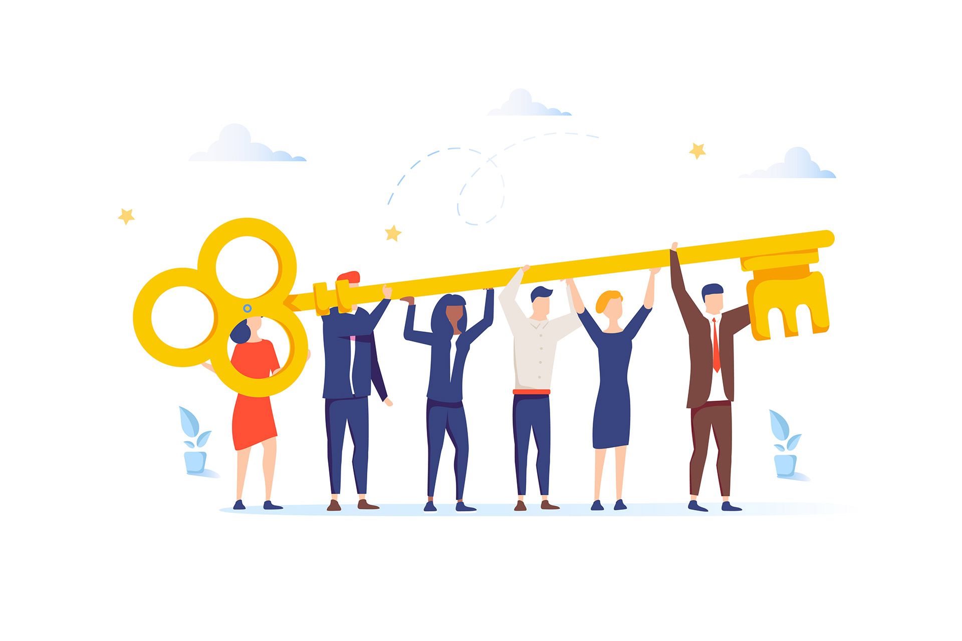 Groupe de personnes levant ensemble une grande clé symbolisant la collaboration et le succès collectif.